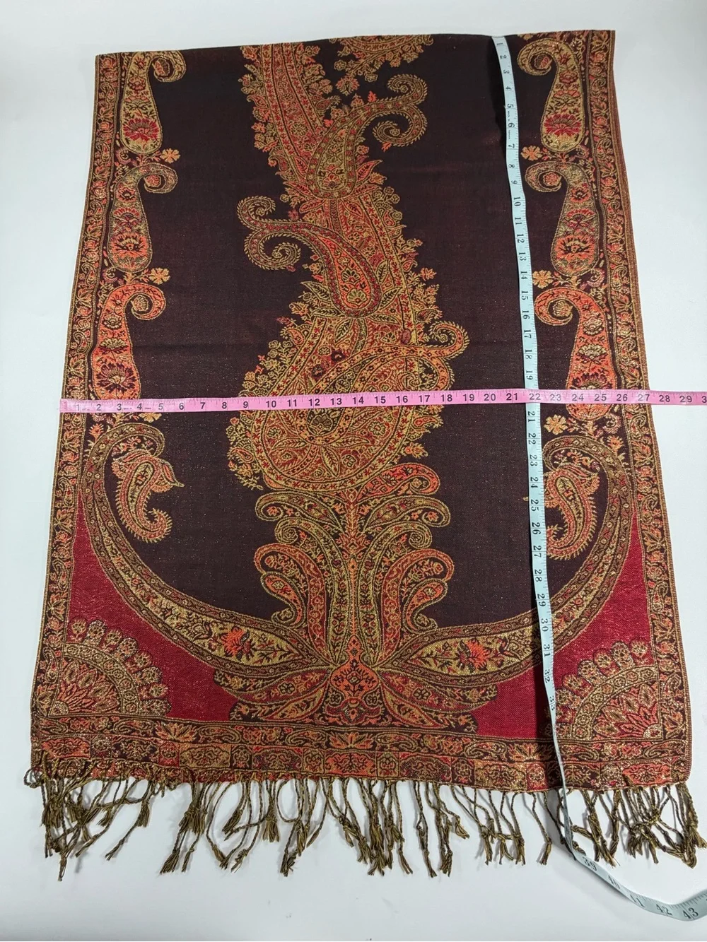 Pashmina 70% Pashmina 30% Silk Paisley Fringe Wrap Shawl Burgundy Gold 68